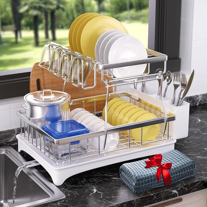Godboat 2-Tier Dish Drying Rack - 304 Stainless Steel Dish Rack Auto Drain | Dish Racks for Kitchen Counter, Dish Drainer with Knife Fork & Cup Rack, Gifts for Women, Mothers Day, Kitchen Gadget, Silver - Image 8