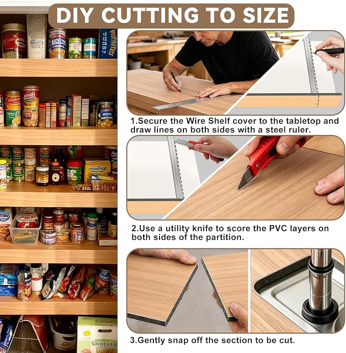 Wood 44x12in 5-Pack Faux Wood Shelf Covers for Wire Shelving – Cut with Utility Knife, No Tools, Waterproof & Fireproof – for Pantry, Closet, Laundry, Bathroom, Basement - Image 5