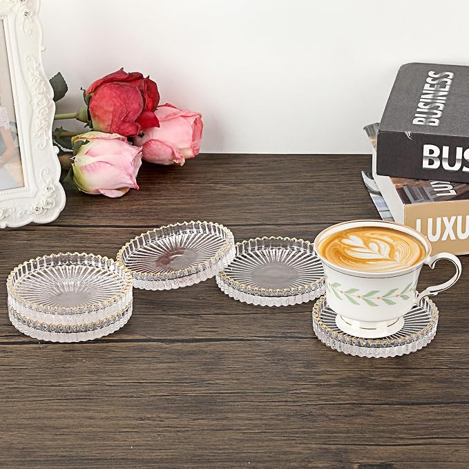 Set of 5 Modern Clear Coaster-Glass Coasters for Drinks,Clear with Gold Rim | Crystal Coasters Round Cup Mat, Coffee Table Decor for Office, Kitchen, Bar, Dining Room, Living Room, Patio - Image 7