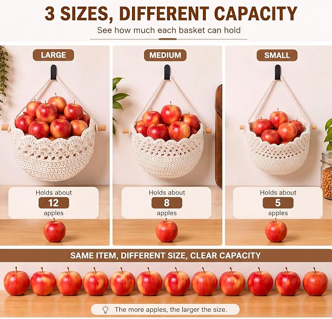 Honeydak Boho Decor Hanging Wall Baskets for Kitchen 3 Pack Teardrop Baskets with Hooks Storage Fruit Onion Vegetable Potato for Home(White,Lace,Cotton Rope) - Image 5