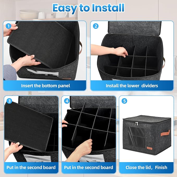 Foyego Cup and Mug Storage Box with 24 Dividers, Dark Gray, 2-Layer | with Lid, Visible Window, Soft Handles, for Packing and Moving, Stackable Storage Containers for Coffee Mug Cups and Glasses - Image 8