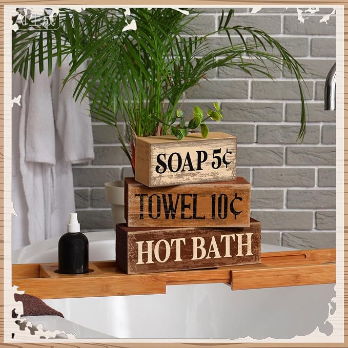 Moucuny 4 Pcs Bathroom Shelf Decor Sign Farmhouse Bathroom Decor and Accessories Rustic Eucalyptus Leaves Wood Block Sign Gifts Farmhouse Table Centerpiece for Hotel Country Campsite Washroom Toilet - Image 7