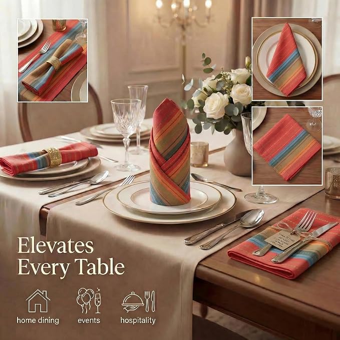 Urban Villa Cloth Napkins Cotton 20x20 (Set of 12) Red Stripes - Image 2