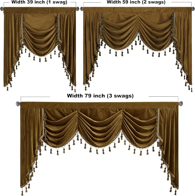 Extra Wide Gold Brown Valance Curtain W79 inches, 1 Panel | Luxury Super Soft Velvet Fabric, Victorian Waterfall Curtains, Room Darkening Window Treatment for Autumn Decor - Image 5