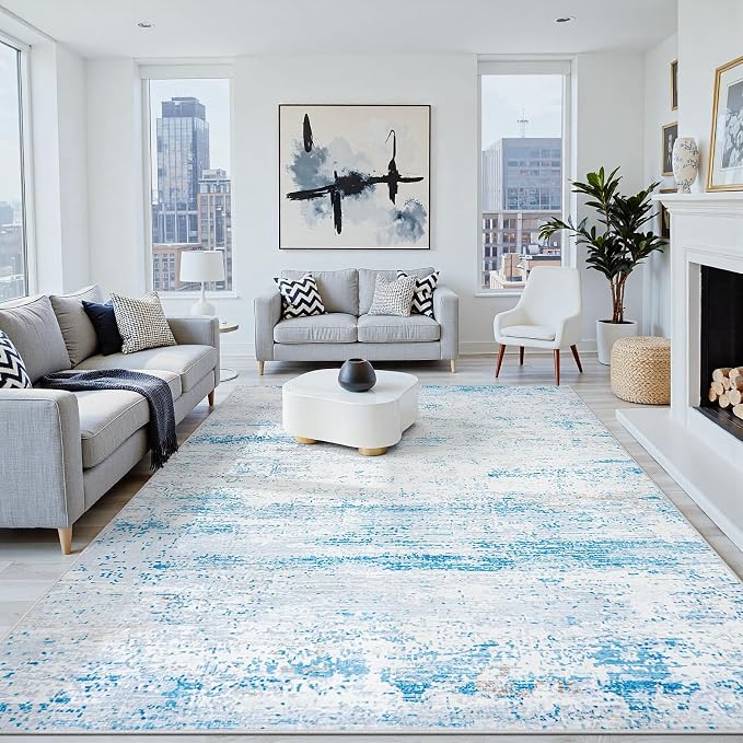 10x14 Washable Area Rug for Living Room Bedroom: Non-Slip Modern Light Blue | Machine Washable TPR Backing, Stain-Resistant Low Pile, Pet & Kid Friendly, Abstract Decor for Dining Room, Dorm, Home Office - Image 8