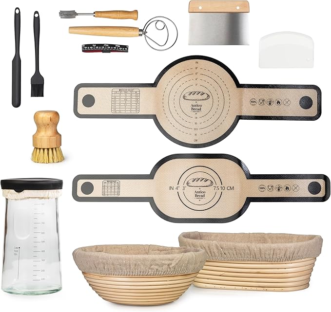 Complete Sourdough Starter Kit for Beginners – Sourdough Bread Kit with Banneton Bread Proofing Baskets & Bowls - Artisan Bread Making Kit with Starter Jar, Lame, Whisk - Full Baking Supplies Set