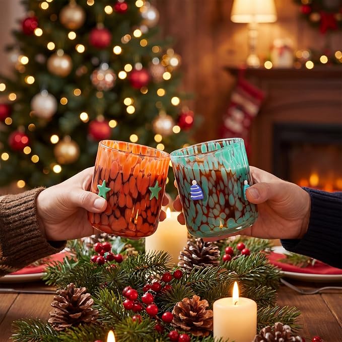 LemonRoad 2 Pcs Christmas Glass Cups 16 oz Green Star Mini Hat Icon Juice Glasses Double Old Fashioned Wine Coffee Cocktail Cups Drinking Glassware for Holiday Xmas Party Supplies Gift - Image 5
