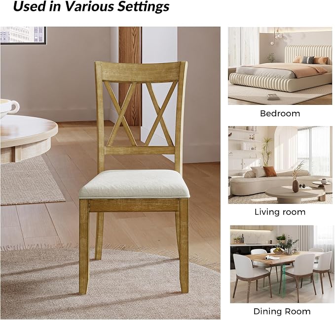HULALA HOME Wooden Dining Chairs Set of 6, Farmhouse Kitchen Chairs Set with Cross Backrest Wood Legs, Upholstered Accent Dinner Chair for Dining Living Room Restaurant Cafe, Natural - Image 5