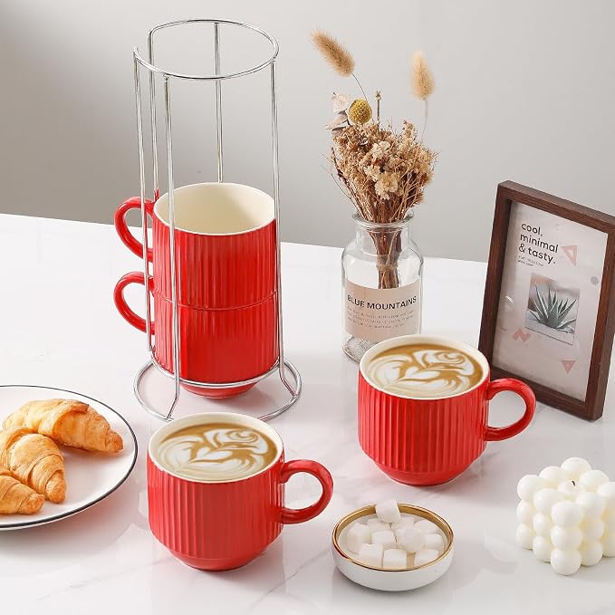 HASENSE Red Coffee Mugs, 15 oz Stackable Coffee Cups Set of 4 with Rack - Ceramic Large Ribbed Modern Latte Cup Set for Cappuccino, Tea, Hot Cocoa, Drinks - Dishwasher & Microwave Safe - Image 2