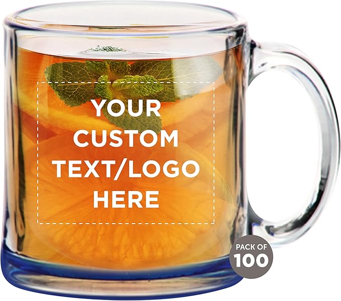 Custom Clear Glass Coffee Mugs 13 oz. Set of 100, Personalized Bulk Pack - Perfect for Coffee, Tea, Espresso, Hot Cocoa, Other Beverages - Blue Bottom