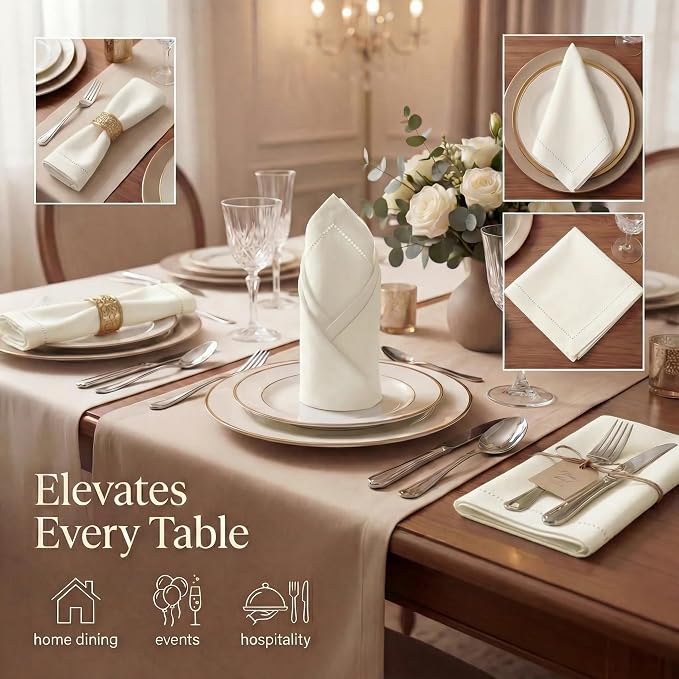 Urban Villa Hemstitch Cloth Dinner Napkins Cotton 20”x20” (Set of 12)-Ivory - Image 2
