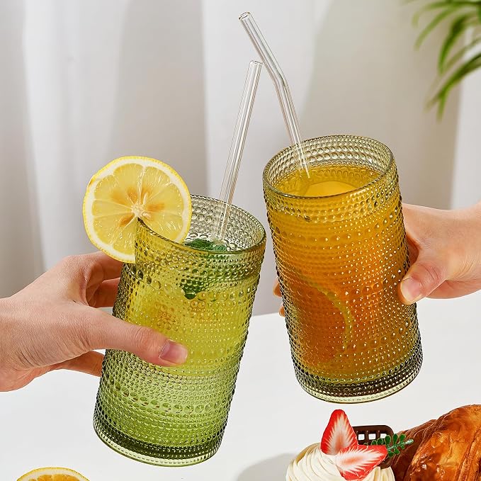 16oz Hobnail Drinking Glasses Set of 12, Vintage Large Capacity Embossed Green Tumblers, Highball Glasses for Water, Cocktail, Beer, Whiskey, Juice & Bar Use - Image 6