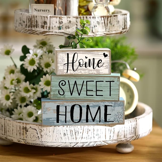 Moucuny 4 Pcs Farmhouse Wooden Table Decor Rustic Home Sweet Home Stacked Blocks Sign Decoration Farmhouse Eucalyptus Leaves Tiered Tray Decor for Kitchen Mental Shelf Coffee Bar - Image 2