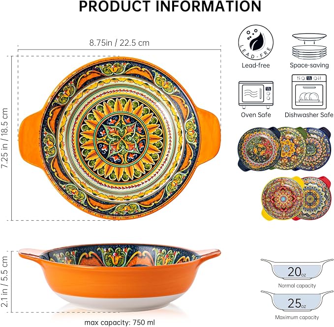 Henten Home Ceramic Pasta Bowls with Handle, Boho Salad Bowl Set of 6 | 25 oz for Cereal, Soup, Serving, Large Colorful Shallow Design, Microwave & Dishwasher Safe - Image 2
