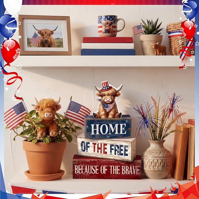 Moucuny 4 Pcs 4th of July Decorations Patriotic Highland Cow Wooden Block Sign Set America Table Decor Patriotic Tiered Tray Decor Red White Blue Memorial Day Centerpieces for 250th Anniversary Home - Image 4