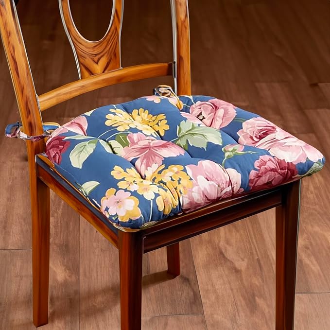 Barnett Home Decor Dining Chair Pads with Ties - Bethanne Blue Floral Size Small 15 x 17 - Latex Foam Filled Windsor Chair Cushions - Machine Washable - Image 2