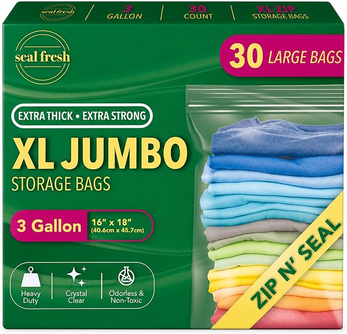 Seal Fresh 3 Gallon Large Plastic Storage Bags – 16" x 18" (30 Count) – Reusable XXL Extra Large Clear Jumbo Zip Bags with Sealable Zipper Top For Clothes, Travel, Moving by SealFresh