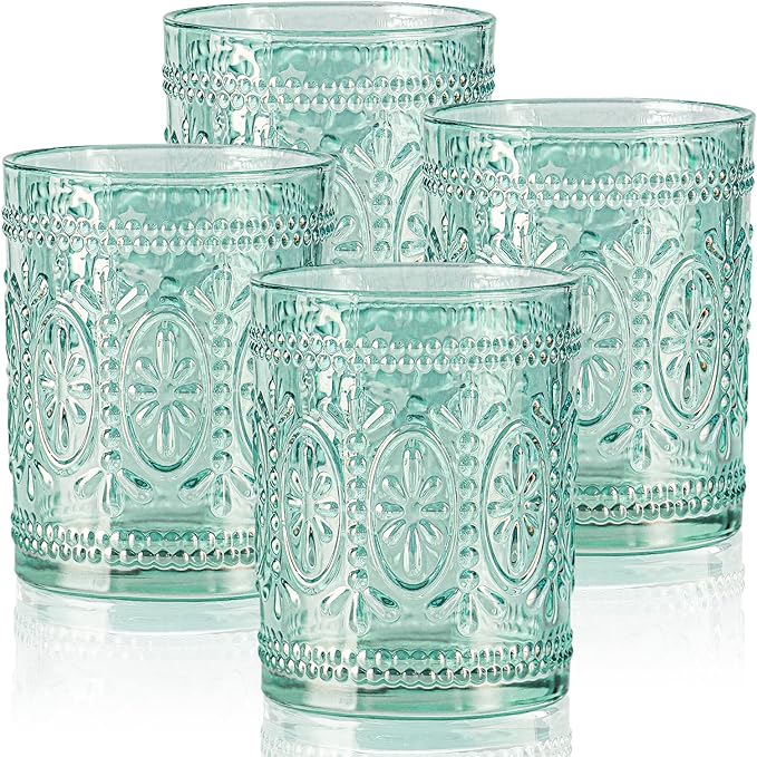 abrwyy Glassware set of 4, Vintage Drinking Glasses, 10oz Heavy Duty Glass Cups, Colored Glassware Set, Embossed Glasses Set for Party Wedding Home Office Glassesware Gift by abrwyy