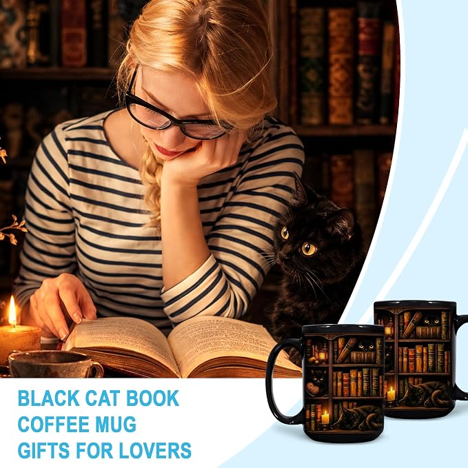 Hyturtle Black Cat Bookshelf Coffee Mug 15 Oz, Book Lover Gift for Women | Includes Matching Mini-Book Keychain; Cozy Literary Ceramic For Readers, Librarians And Bookworms On Birthdays Or Christmas - Image 3