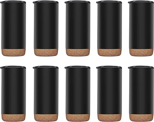 DISCOUNT PROMOS Travel Tumblers with Cork Bottom 16 oz. Set of 10, Bulk Pack - Double Wall Insulated, Matte Finish, Perfect for Iced Coffee, Soda, Other Beverages - Black