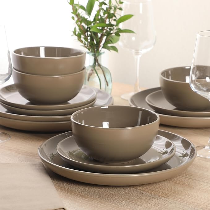 Gibson Home Rockaway 12 Piece Plates and Bowls Matte Outside/Shiny Inside Glaze Service for 4 Dinnerware Set - Brown - Dishwasher and Microwave Safe - Image 4