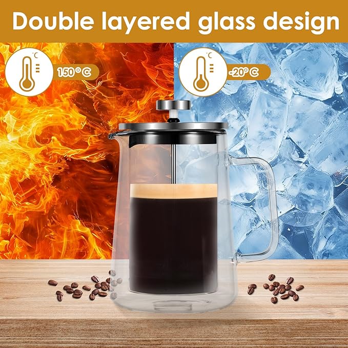 350/650/1000ml French Press Coffee Maker, Double Wall Glass French Press, Clear French Press Tea Maker, Multifunctional Coffee Press Coffee Maker for Home Office (350ML)