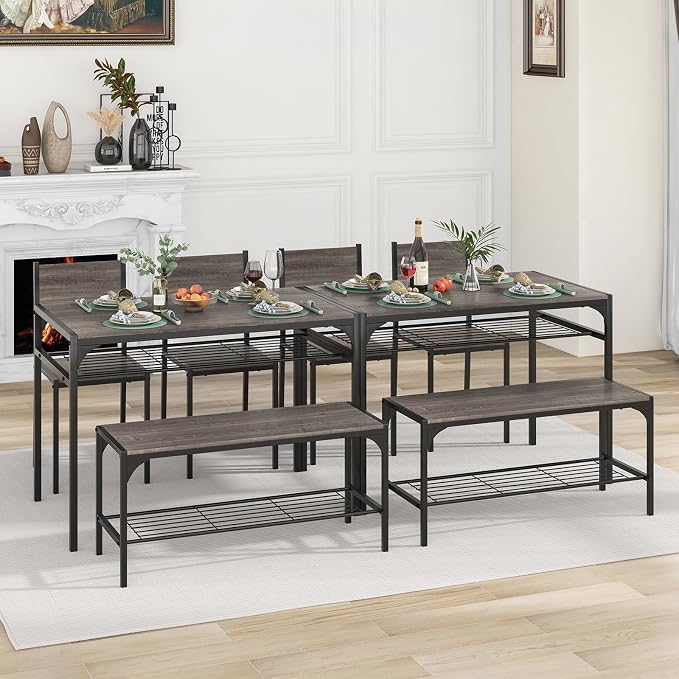 Giantex Dining Table Set for 4, Kitchen Table with Chairs & Bench, Storage Racks, Metal Frame, 4-Piece Space-Saving Dinette Set for Dining Room, Breakfast Nook, Small Space, Apartment, Grey - Image 9