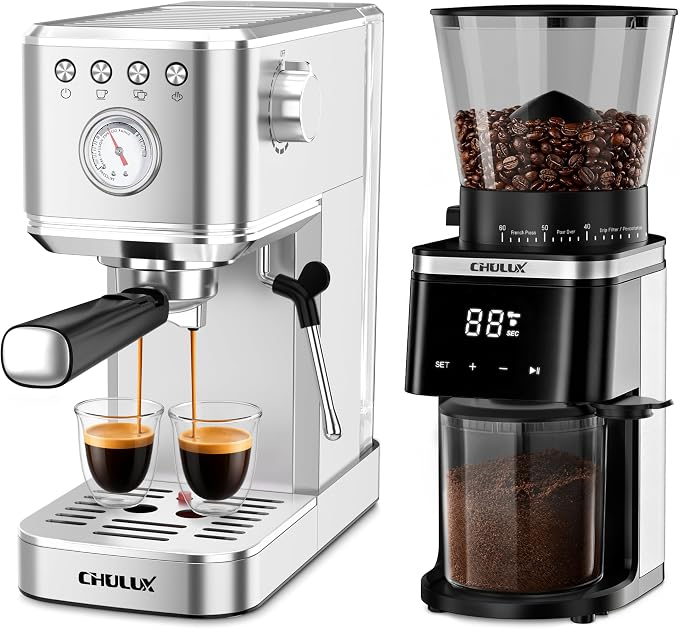 CHULUX Espresso Machine with Conical Burr Electric Coffee Grinder, Silver by CHULUX