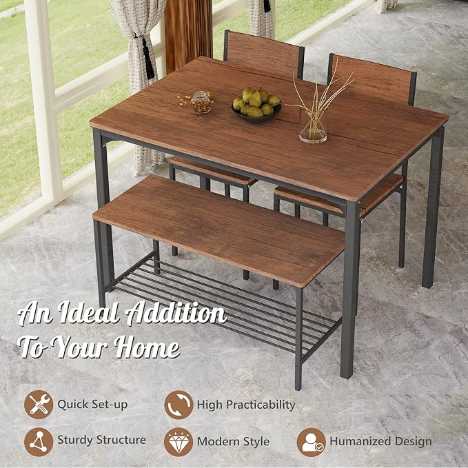 Giantex Dining Table Set for 4, 43" Kitchen Table and Chairs, Dining Bench with Metal Frame & Storage Rack, 4-Piece Modern Functional Desk Set for Dinette, Small Space, Apartment, Restaurant, Walnut - Image 3