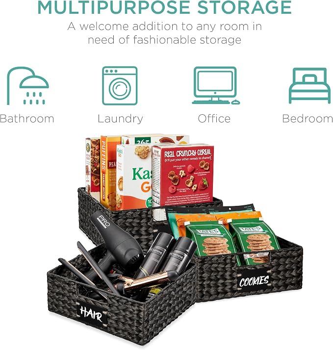 Best Choice Products Set of 4 13x12in Water Hyacinth Pantry Baskets, Woven Organizers w/Chalkboard Label, Chalk Marker - Black - Image 6