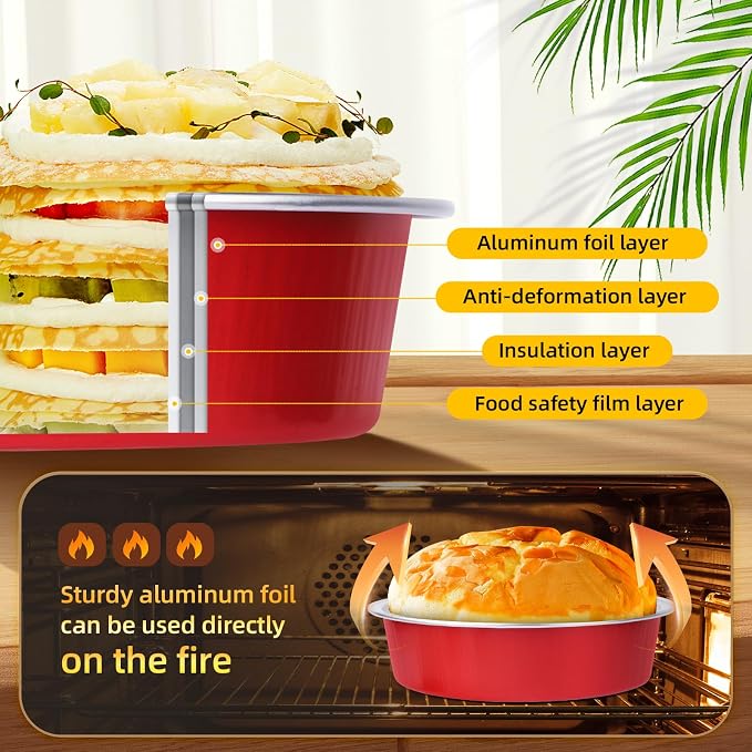 Beasea 4 Inch Disposable Tart Pans with Lids, 120 Pack 8oz Mini Pie Tins Creme Brulee Ramekins Bright Red Aluminum Foil Pie Tart Cake Baking Pans Individual Round Containers Oven Safe for Baking - Image 3