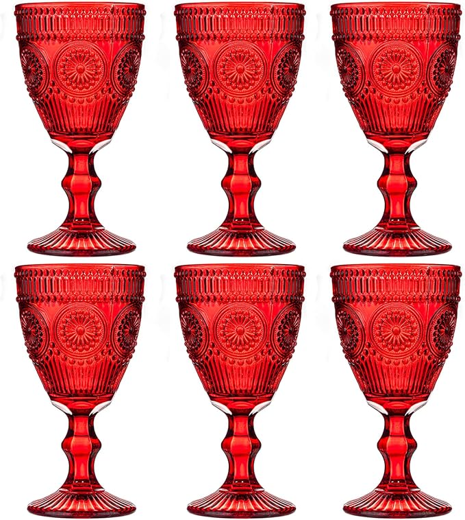 Red Vintage Wine Glasses Set of 6, 10 Ounces Colored Glass Water Goblets, Unique Floral Embossed Pattern High Clear Stemmed Glassware Wedding Party Bar Drinking Cups Fancy Glasses Hand Wash Only by XKXKKE