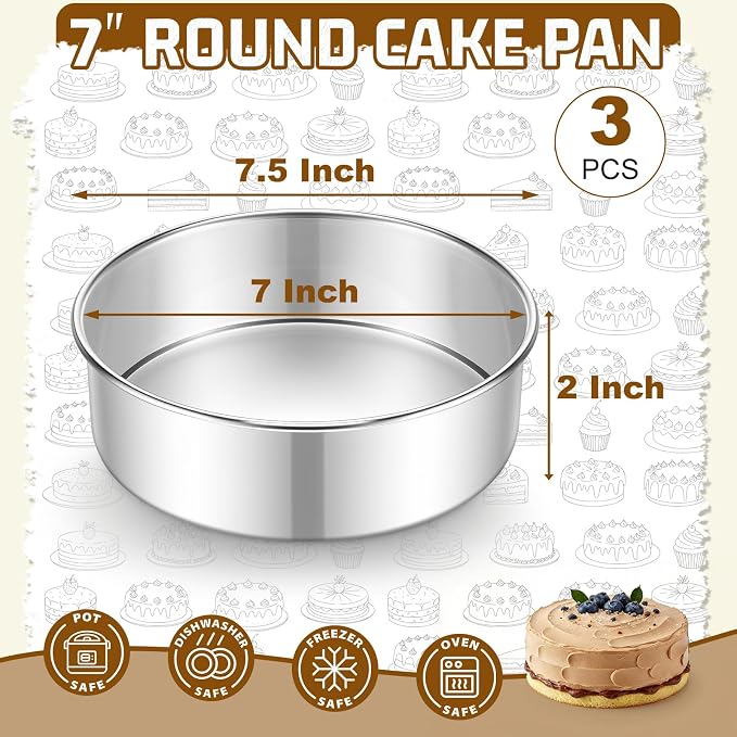 E-far 7 Inch Cake Pan Set of 3, Stainless Steel Round Baking Pans Tins for Layer Birthday Wedding Cakes, Dishwasher & Oven Safe, Healthy & Non-toxic, Leak Proof & Mirror Polished - Image 2
