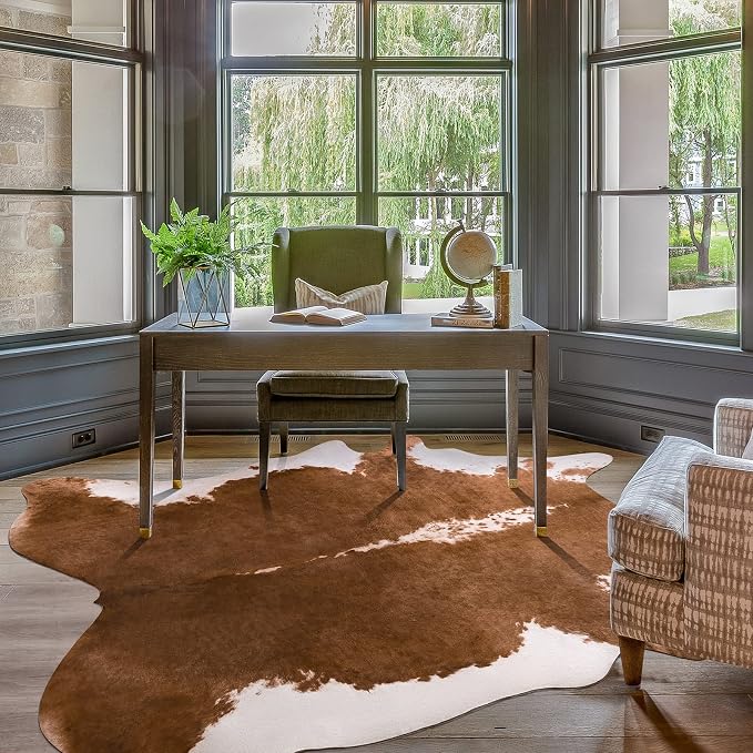 Amearea Faux Cow Hide Rug 6.2x5.2, Vintage Western Home Decor Cow Print Rug | Large Faux Leather Animal Cowhide Carpet for Living Room Bedroom, Dining Traditional Cow Print Stuff Carpets, Khaki by AmeareaDirect