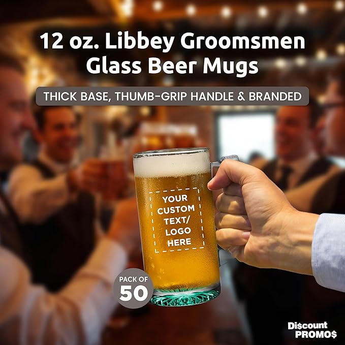 50 Libbey Beer Mugs Set, 12 oz. - Customizable Text, Logo - Groomsmen Glassware - Green