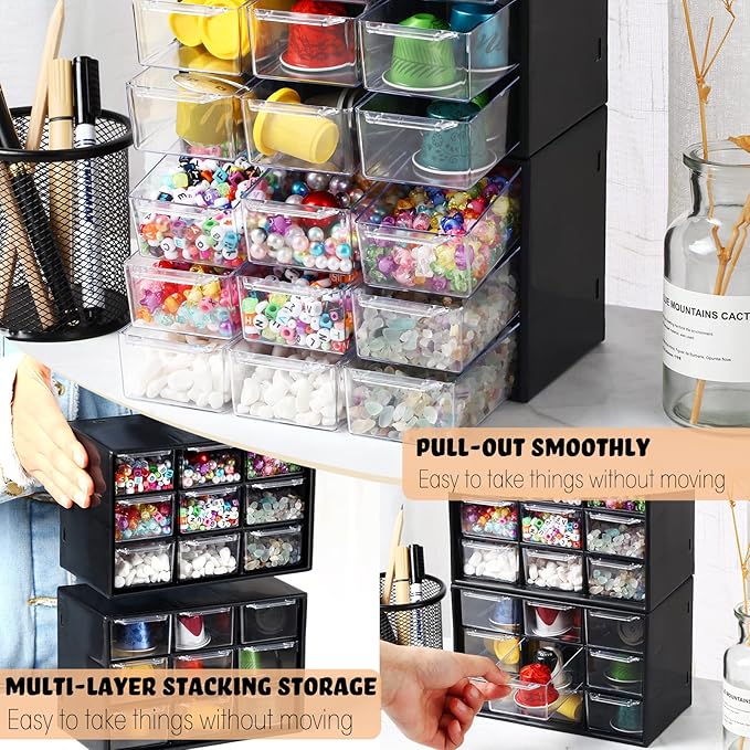 Marsui 4 Pack Desktop Storage Organizer with 9 Drawers Craft Organizer with Mini Drawers Plastic Organizers and Storage Containers for Craft Art Jewelry Cosmetics Sewing Supplies Accessory(Black)