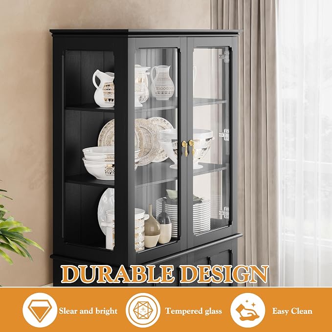 72" Tall Kitchen Pantry Cabinet with Glass Door and Adjustable Shelves, Vintage Food Storage Cabinet for Kitchen, Dining Room, Living Room, Black - Image 4