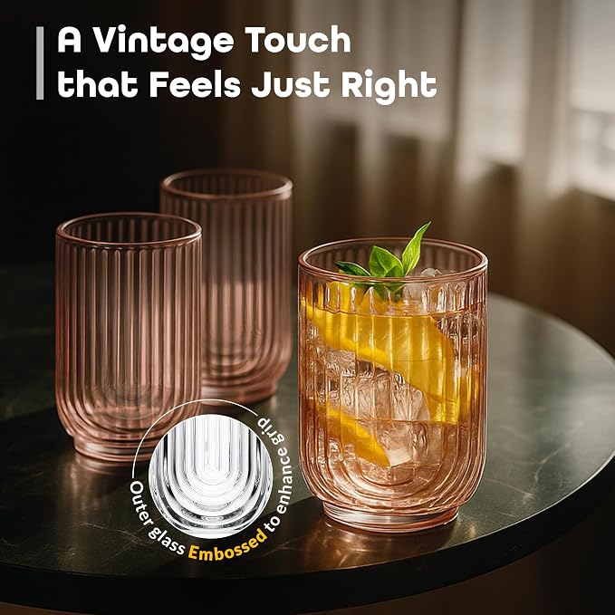 Glaver's Vintage Glassware Art Deco Glasses Ribbed Drinking Glasses U-Shape Arch Design Colored Cocktail Kitchen Tumblers Everyday Dinner Decorative Party Hand-Wash Only (Pink S/4 17oz) - Image 6