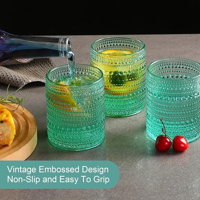 ZMOWIPDL Drinking Glasses Set of 6,12oz Lake Blue Hobnail Glass Cups | Vintage Glassware，Embossed Water Tumbler,for Beer,Cocktail,Whiskey,Juice and Various Mixed Drinks- 1 Cleaning Brush - Image 7