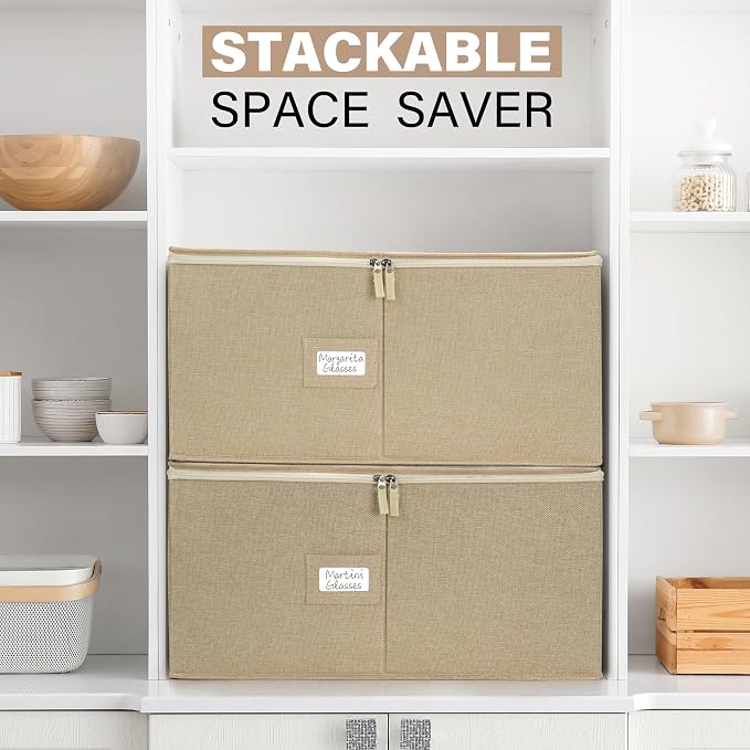 LotFancy Stemware Storage Container, Hard Shell, Large Wine Glass Storage Box for Moving, Stackable, Foldable, Crystal Glassware, Drinkware Case with Dividers & Handles, 21”x15.5”x10”, Beige - Image 6
