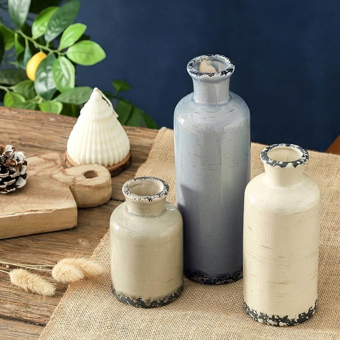 Ceramic Vase Set of 3, Neutral Flower Vases Home Decor, Pottery Rustic Farmhouse Decorative Vases Modern Decor for Table Mantel Entryway Bookshelf Living Room Kitchen Bedroom - Ocean - Image 5