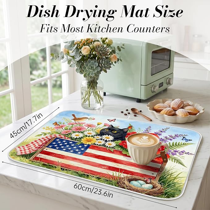 Patriotic Cats Dish Drying Mat for Kitchen Counter Coffee Bar 18x24 in | Decorative Non Slip Absorbent Kitchen Dishes Drainer Mat, with Anti-slip Rubber Backing & Hanging Loop, for Sink, Home Gift - Image 2