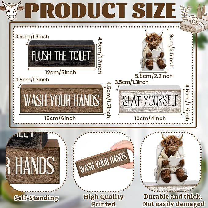 Moucuny 4 Pcs Highland Cow Bathroom Decor Set Funny Rustic Wooden Tiered Tray Signs with Highland Cow Toilet Figurine, Farmhouse Bathroom Shelf Decor, Etiquette Reminders for Restroom Toilet Vanity - Image 3