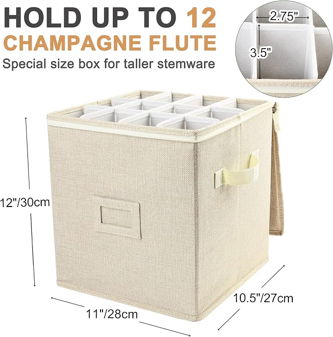 LotFancy Champagne Flute Storage Container for Moving, Hard Shell, Stackable 12" Tall Stemware Storage Box with Dividers & Handles, Wine Glass, Crystal Glassware, Drinkware Case, Beige - Image 2