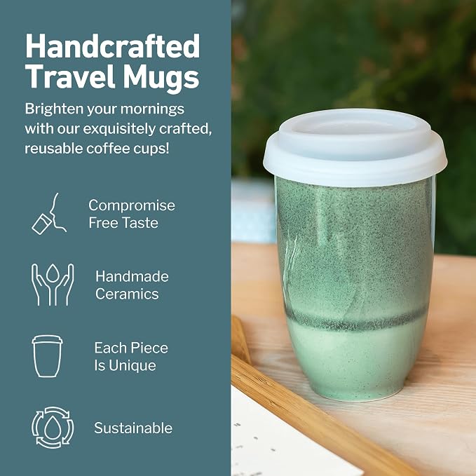 NOVA CERAMICS Travel Mug – Travel Coffee Tumbler – On the Go Coffee Mug – Microwave & Dishwasher Safe Green CoffeeTumbler - Gifts for Women Men Him Her – 12oz – Emerald - Image 2