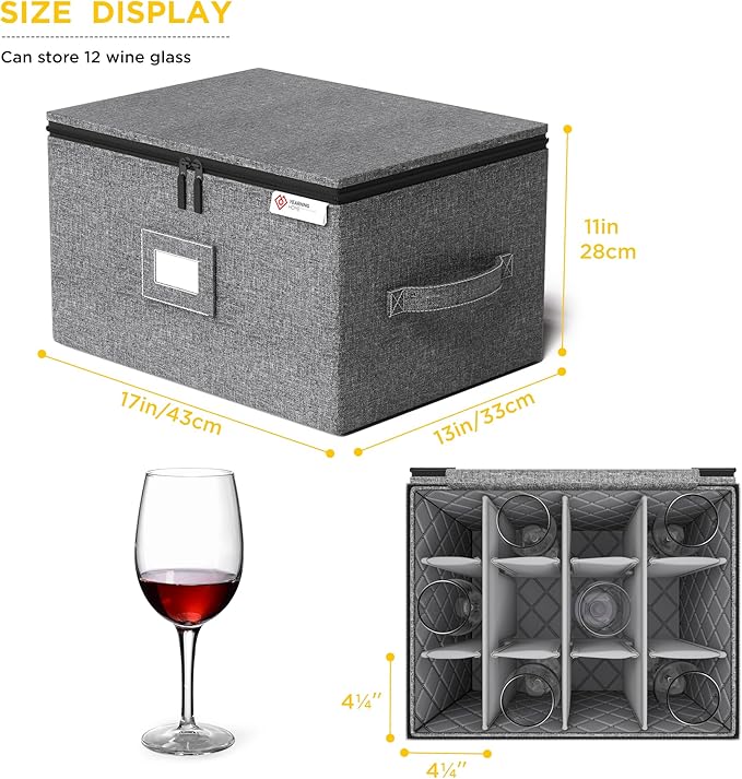 Wine Glass Storage Box with Dividers,Hard Shell and Stackable Stemware Storage Containers with Sturdy Handle for Glassware Crystal Storage and Transport,Grey,Holds 12 - Image 2