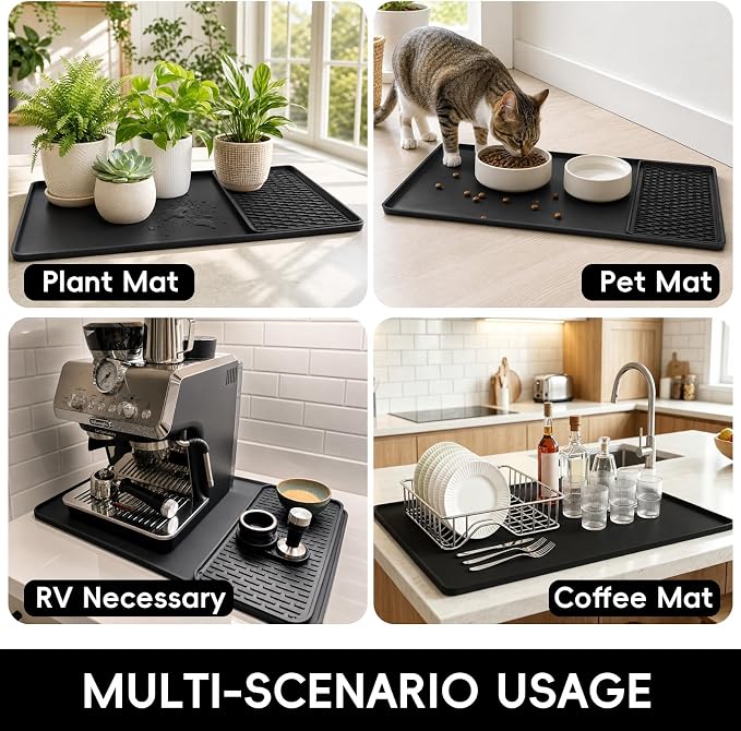 Caketime 2 In 1 Extra Large 16"x28" Silicone Coffee Bar Mat Accessories Heat Resistant for espresso Machine with Detachable Dish Drying Rug Rack Stone Kitchen Office Home Cafetera Essentials Black - Image 5