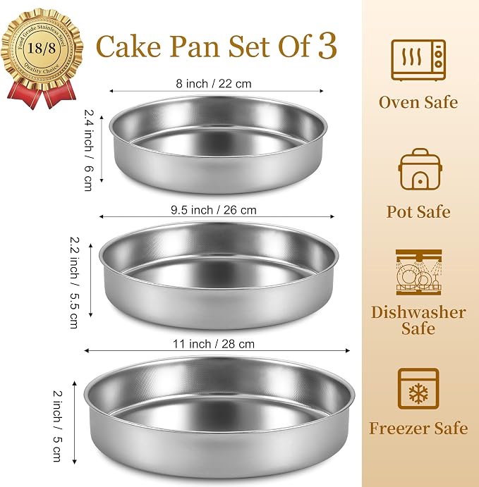 Inqibee 8-9.5-11 Inch Round Cake Pan Set, Stainless Steel Textured Bottom | Tri-ply Stainless Steel, Rolled Rim Layer Cake Bakeware, Oven & Dishwasher Safe, Healthy Non-Toxic for Birthday Wedding Cake - Image 3