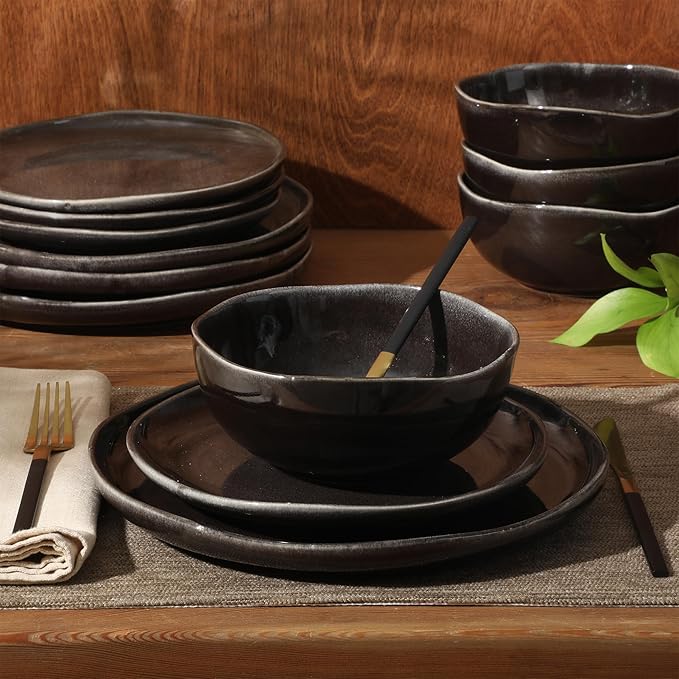 Gibson Elite Nardini 12 Piece (Service for 4) Plates and Bowls Reactive Glaze Dishes Stoneware Ceramic Dinnerware Set - Black - Image 6