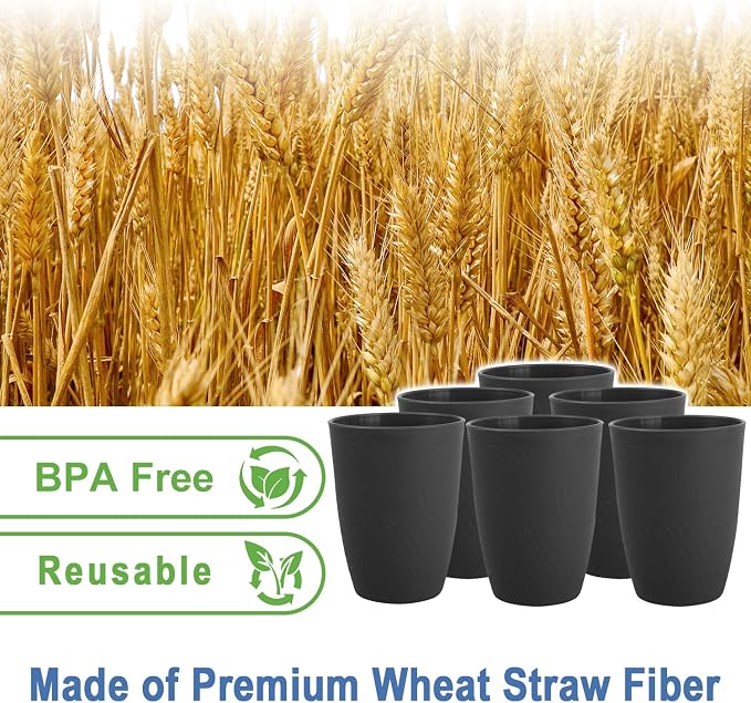 Wheat Straw Cups Sets of 6, Plastic Cups Reusable, Drinking Cup for Kitchen, Small Kids Cup, Unbreakable Water Cup, Dishwasher Safe Plastic Glasses for Kitchen, Camping, School (Black) - Image 3